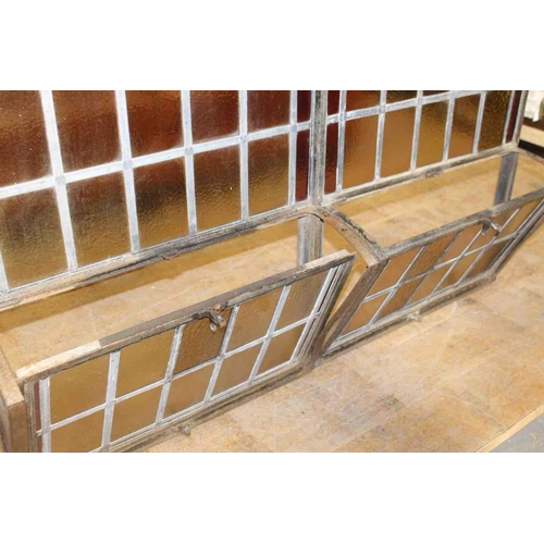 409 - Pair of Victorian arched wrought iron leaded glass windows with opening to bottom. {each H 228cm x W... 