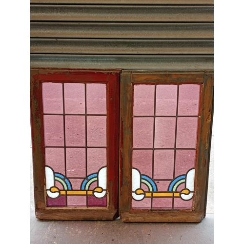 410 - Pair of Art Deco stain glass leaded windows {H 80cm x W 93cm x D 5cm}.