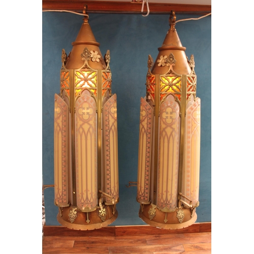 417 - Pair of brass and glass hanging lanterns in the Gothic style  {H 132cm x Dia 50cm }.