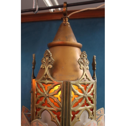 417 - Pair of brass and glass hanging lanterns in the Gothic style  {H 132cm x Dia 50cm }.