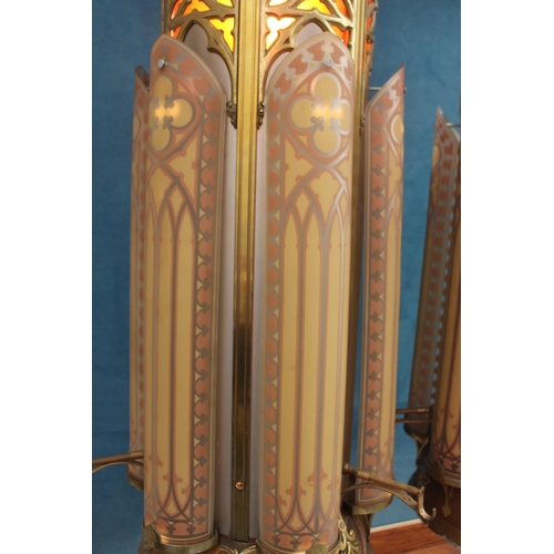 417 - Pair of brass and glass hanging lanterns in the Gothic style  {H 132cm x Dia 50cm }.