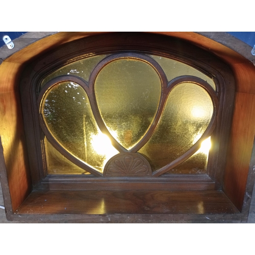 42 - Mahogany arched fanlight with coloured glass insert. {H 63cm x W 80cm x D 4cm }.