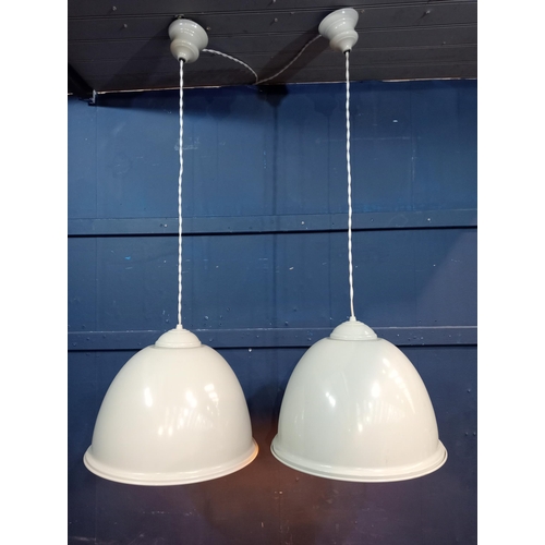 435 - Pair of 1930's enamel cream industrial hanging lights  {Drop H 98cm x Dia 38cm}.