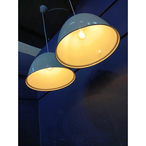 435 - Pair of 1930's enamel cream industrial hanging lights  {Drop H 98cm x Dia 38cm}.