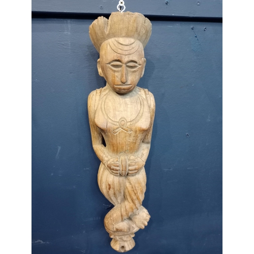 444 - Pair of wooden carved figures. {H 50cm x W 10cm x D 15cm }.