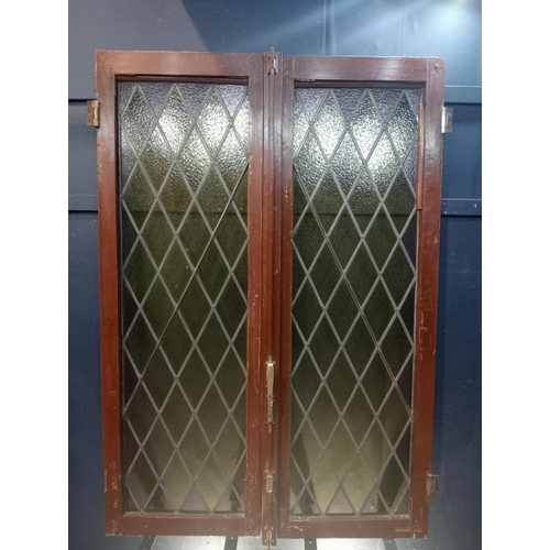 451 - Pair of leaded stain glass lattice windows {H 168cm x W 108cm x D 7cm}.