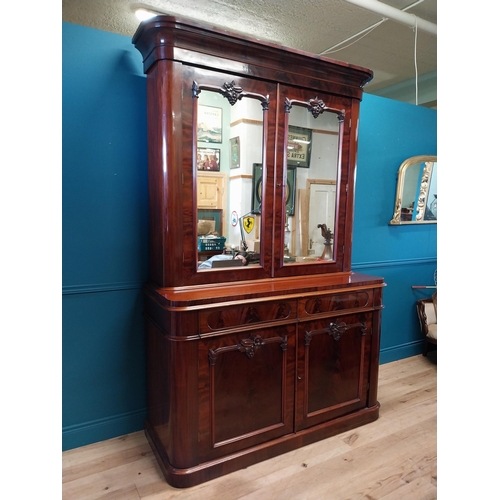 457 - Exceptional quality Victorian flamed mahogany bookcase with two mirrored doors above two drawers abo... 