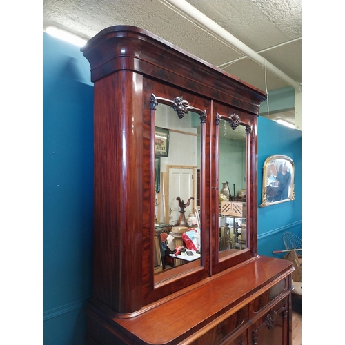 457 - Exceptional quality Victorian flamed mahogany bookcase with two mirrored doors above two drawers abo... 