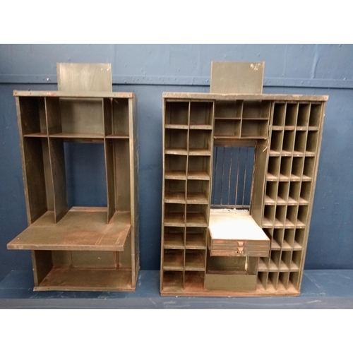 458 - Pair of metal post office teller doors {H 117cm x W 146cm x D 47cmx Total D 47cm }.