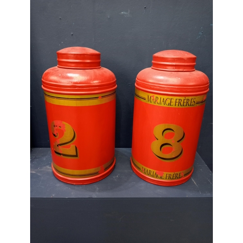 460 - Pair of painted metal tea caddies {H 44cm x W 22cm}.