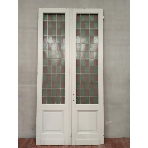 468 - Pair of Victorian oak leaded glass doors {H 294cm x W 144cm x D 7cm }.