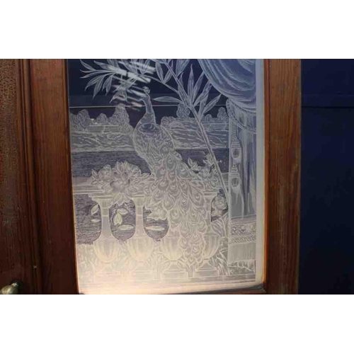 476 - Pair of pitch pine doors with etched glass depicting a scene of balcony with birds {H 243cm x W 80cm... 