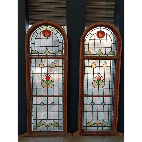 478 - Pair of Victorian reclaimed arch topped stained glass windows. {Each H 191cm x W 67cm x D 9cm}.