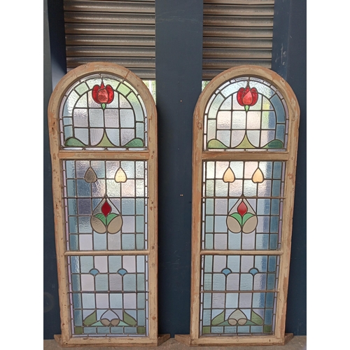 478 - Pair of Victorian reclaimed arch topped stained glass windows. {Each H 191cm x W 67cm x D 9cm}.