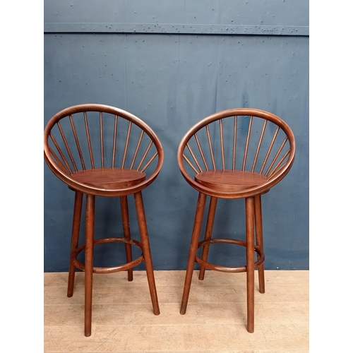 484 - Pair of spindle backed wooden high stools  {H 115cm x W 62cm x D 45cm }.