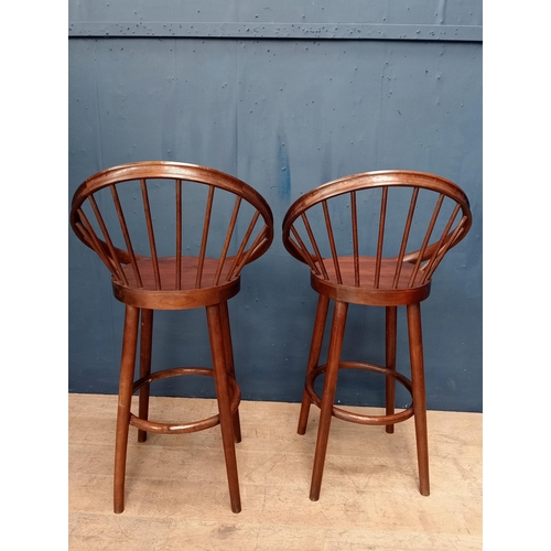 484 - Pair of spindle backed wooden high stools  {H 115cm x W 62cm x D 45cm }.