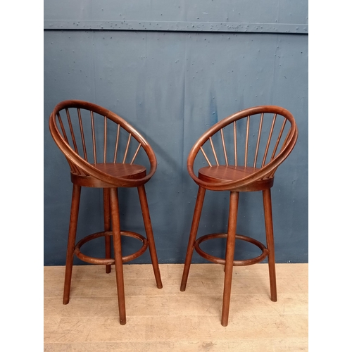 484 - Pair of spindle backed wooden high stools  {H 115cm x W 62cm x D 45cm }.