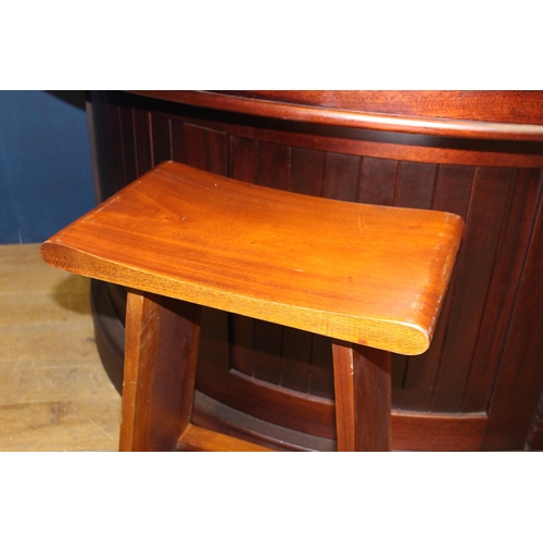 486 - Pair of teak dished seat high stools  {H 82cm x W 50cm x D 30cm}.