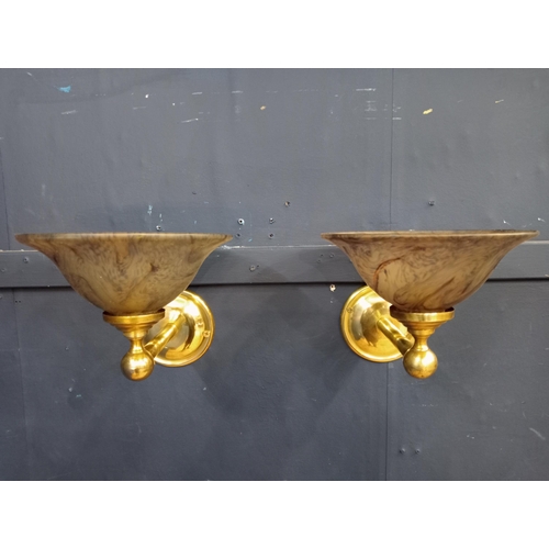 488 - Pair of uplighter brass wall light with marbling effect glass shade {H 21cm x Dia 26cm x D 26cm}.