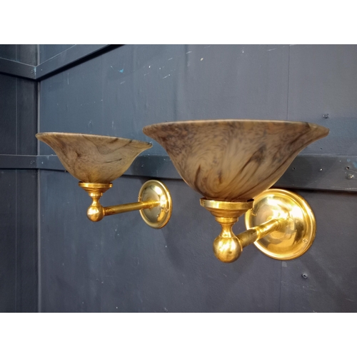 488 - Pair of uplighter brass wall light with marbling effect glass shade {H 21cm x Dia 26cm x D 26cm}.