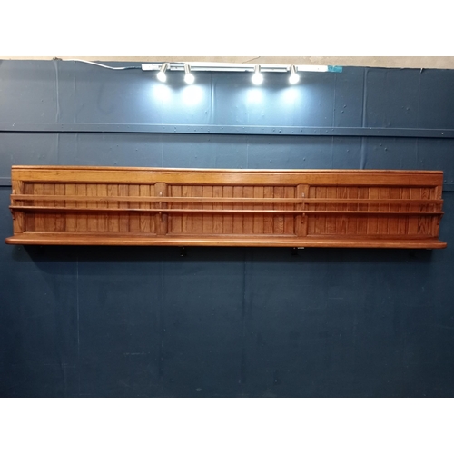 511 - Pitch pine bar back with shelves  {H 50cm x W 280 cm x D 20cm}.