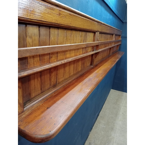 511 - Pitch pine bar back with shelves  {H 50cm x W 280 cm x D 20cm}.