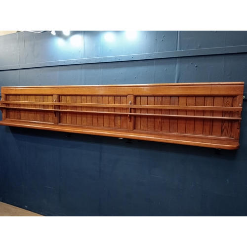 511 - Pitch pine bar back with shelves  {H 50cm x W 280 cm x D 20cm}.