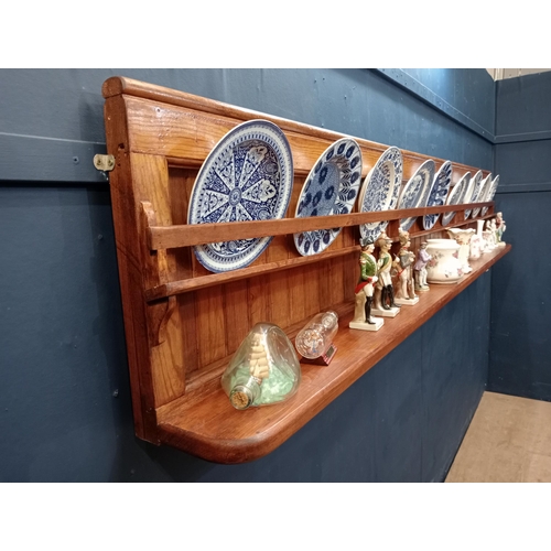 511 - Pitch pine bar back with shelves  {H 50cm x W 280 cm x D 20cm}.