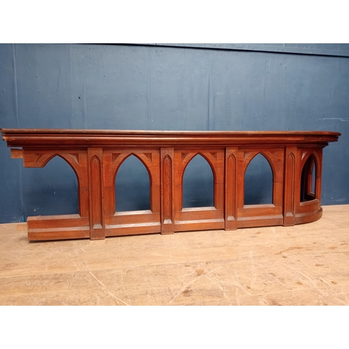 512 - Victorian Pitch pine curved counter front in the Gothic style {H 75cm x W 270cm x D 22cm }.