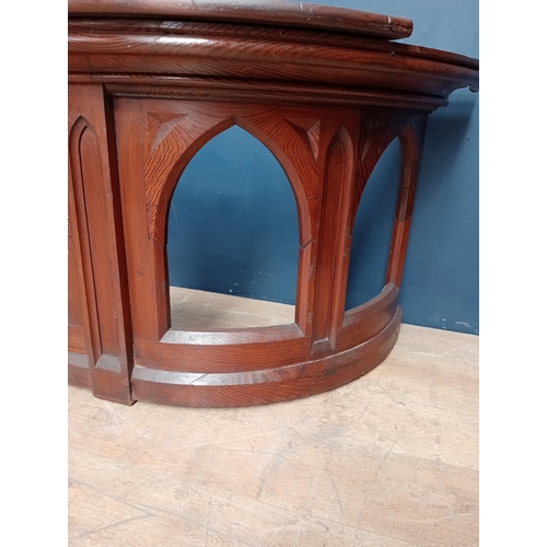 512 - Victorian Pitch pine curved counter front in the Gothic style {H 75cm x W 270cm x D 22cm }.