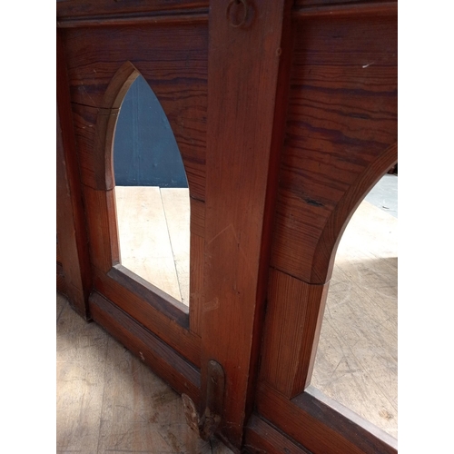 512 - Victorian Pitch pine curved counter front in the Gothic style {H 75cm x W 270cm x D 22cm }.