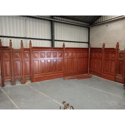 516 - Victorian Pitch pine raised wall panelling including eleven newel posts  {H of panel H 235cm x Newel... 