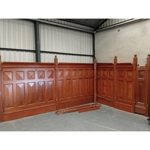 516 - Victorian Pitch pine raised wall panelling including eleven newel posts  {H of panel H 235cm x Newel... 