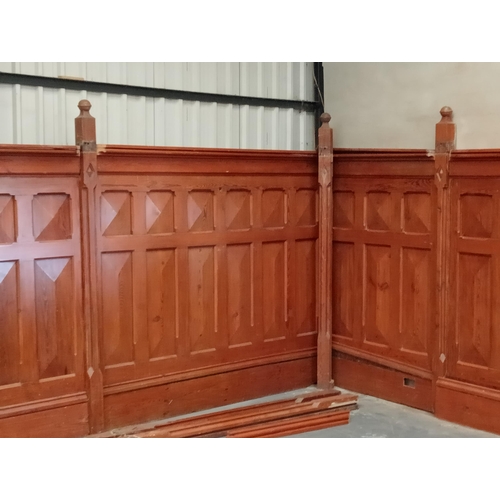 516 - Victorian Pitch pine raised wall panelling including eleven newel posts  {H of panel H 235cm x Newel... 