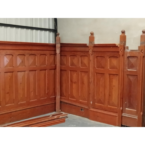 516 - Victorian Pitch pine raised wall panelling including eleven newel posts  {H of panel H 235cm x Newel... 