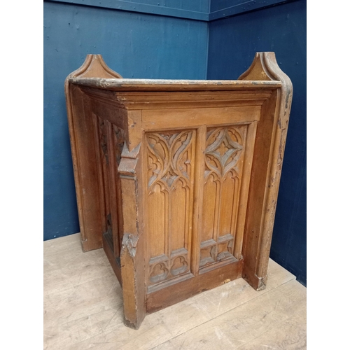 518 - Pitched pine gothic carved corner unit {H 126cm x W 86cm x D 86cm }.