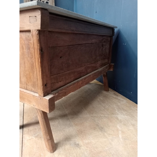 538 - Rustic 19th C side cabinet with two doors depicting horses with marble top. {H 82cm x W 121cm x D 60... 