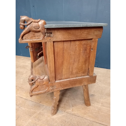 538 - Rustic 19th C side cabinet with two doors depicting horses with marble top. {H 82cm x W 121cm x D 60... 