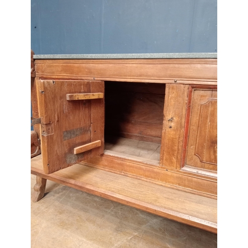 538 - Rustic 19th C side cabinet with two doors depicting horses with marble top. {H 82cm x W 121cm x D 60... 