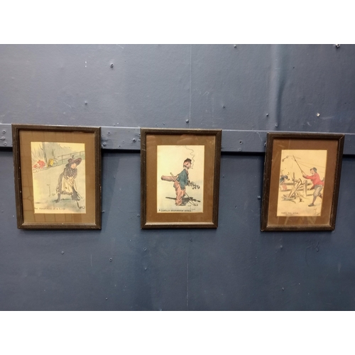 543 - Set of three caricature golf and fishing pictures  {H 23cm x W 18cm }.