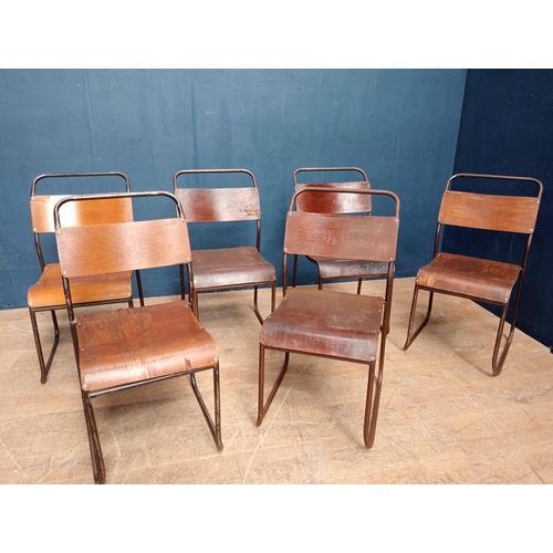 548 - Set of six metal and wood stacking chairs  { H 86cm x W 45cm x D 44cm }.