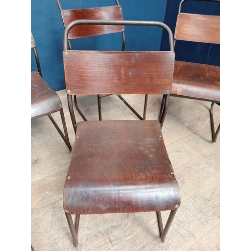 548 - Set of six metal and wood stacking chairs  { H 86cm x W 45cm x D 44cm }.