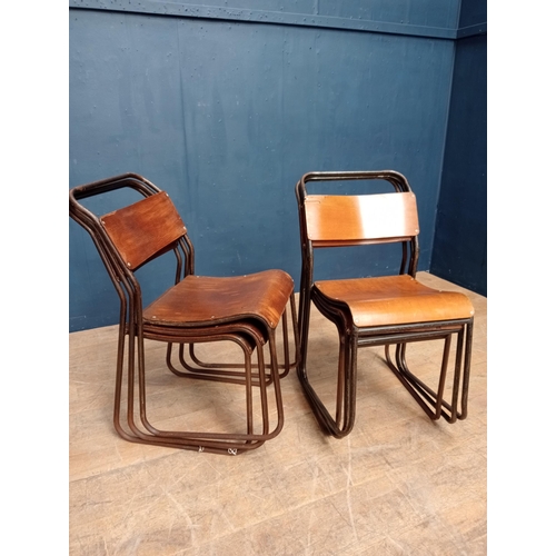 548 - Set of six metal and wood stacking chairs  { H 86cm x W 45cm x D 44cm }.