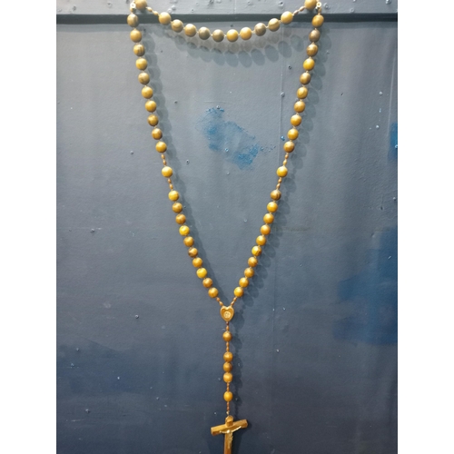 554 - Set of olive wood rosary beads with our Lady's apparition at Lourdes inset {H 105cm x W 9cm}.