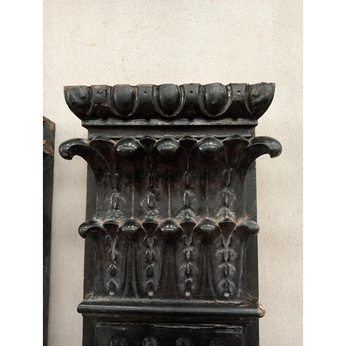 555 - Set of three 1900's fluted flat pillars with acanthus leaf design {H 276cm x W 32cm x D 12cm}.