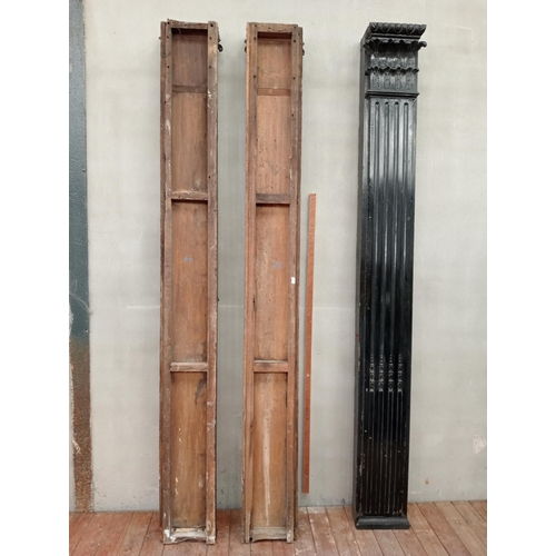 555 - Set of three 1900's fluted flat pillars with acanthus leaf design {H 276cm x W 32cm x D 12cm}.