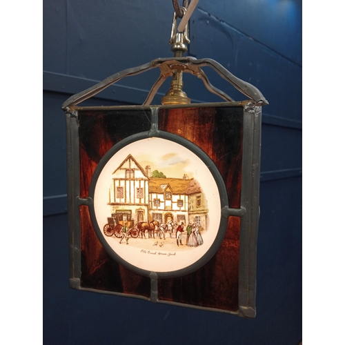 571 - Stain glass four panelled  leaded light  with English scenes. {H 30cm x W 17cm x D 17cm }.