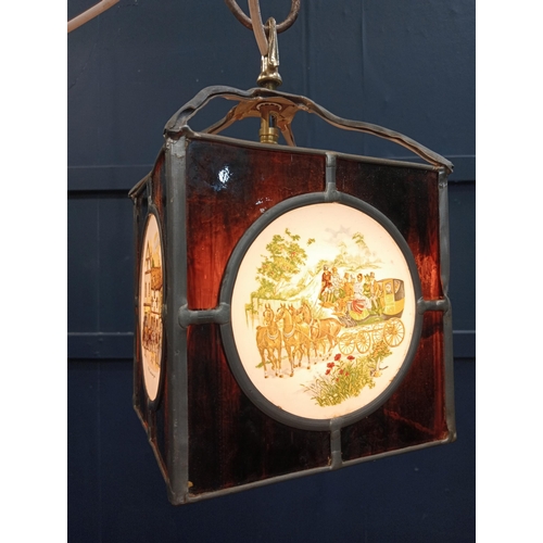 571 - Stain glass four panelled  leaded light  with English scenes. {H 30cm x W 17cm x D 17cm }.