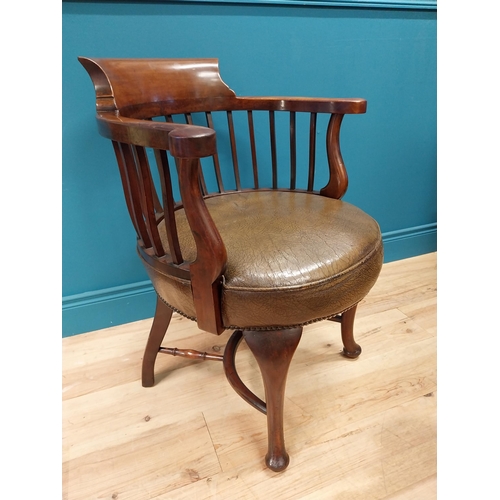 577 - Good quality Victorian mahogany desk chair with leather upholstered seat raised on cabriole legs {84... 