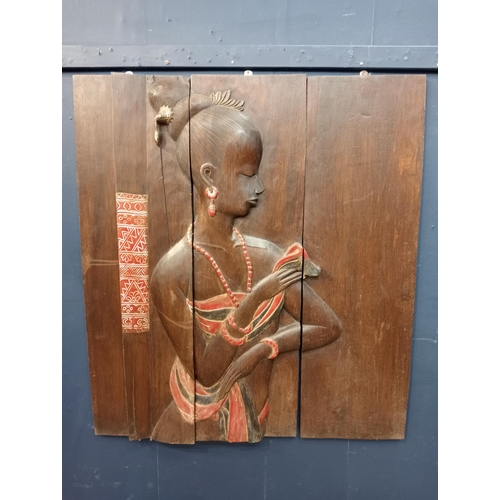 585 - Three piece wooden African wall art  {H 99cm x w 87cm x D 5cm }.